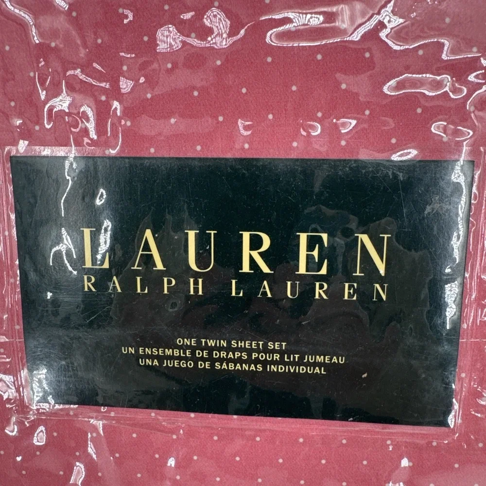LAUREN RALPH LAUREN 100% Cotton Twin Sheet Set Pink White Polka Dots 3pc Set NEW